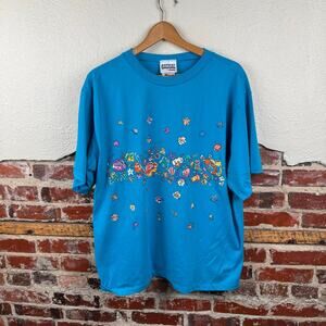 Vintage Flower Shirt Sz XL Blue Single Stitch Crewneck Floral Leaves Casual 90s